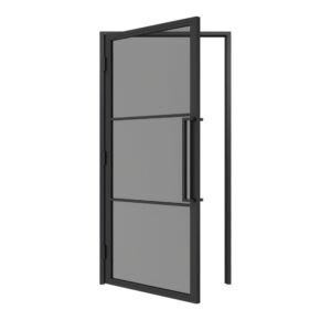 stalen scharnierdeur met kozijn 3 vaks rook glas