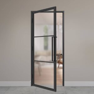 stalen deur met kozijn 3 vaks mat glas