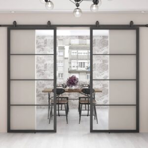 dubbele stalen schuifdeur 4 vaks met helder glas